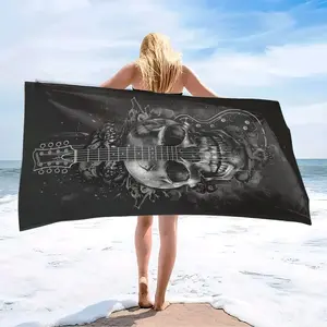 Dark Skull Guitar Print Fluffy Thick Cotton Beach Towel - Super Absorbent, Resistant Microfiber Mat, Reusable, Breathable Bath Towel for Travel, Swimming Pool, Absorbency Beach Towels, Cotton Beach Towels