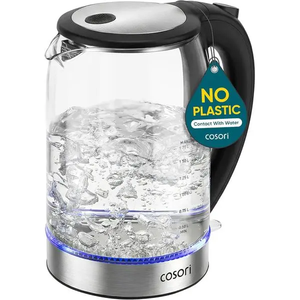 Cosori Electric Kettle, No Plastic Contact with Water, 1.7L, Black | Wide Opening, Easy to Clean, Auto Shut-Off, Boil-Dry Protection, Tea Kettle, Hot Water Boiler, Borosilicate Glass, 1500W