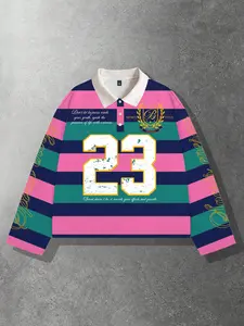 23 digit pink green striped Sporty polo long sleeved men's T-shirt, sports room striped polo collar long sleeved shirt European and American street life unisex long T-shirt i shirt 23