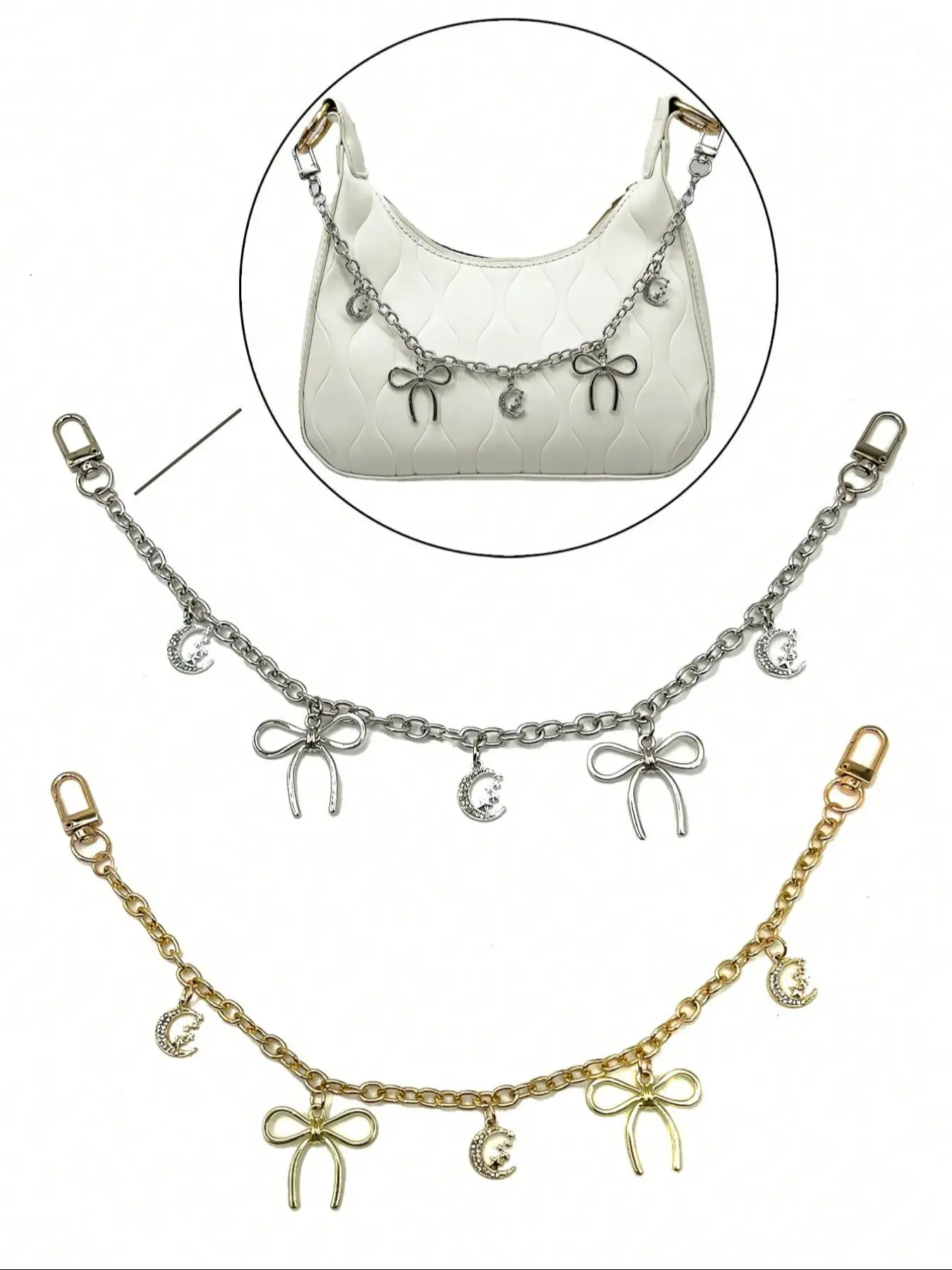 Vintage Bow Moon Bag Charm, Unique Design Handbag Decoration, Star Chain Accessory for All Seasons, Casual Style Fabric Pendant