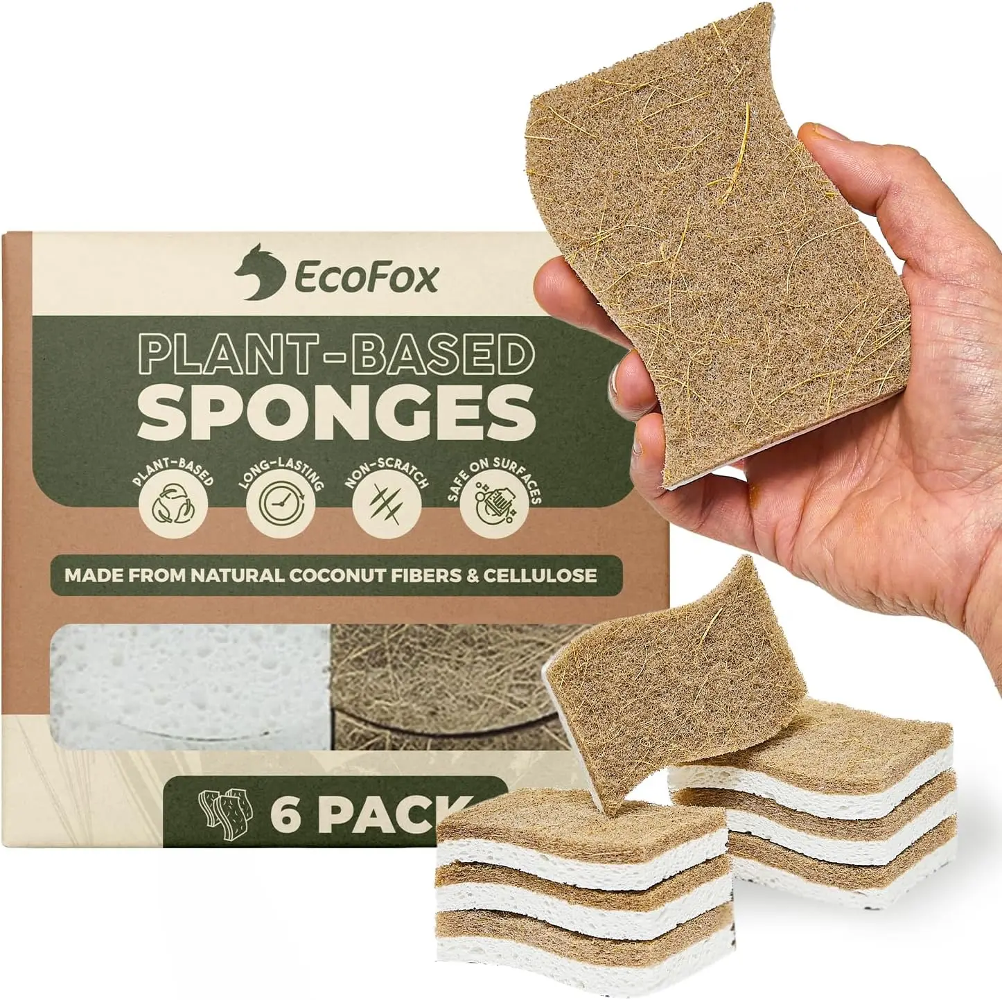 EcoFox Plant-Based Kitchen Sponges | USDA Biobased Certified | FSC & PETA Approved | Natural Cellulose & Coconut Scrubber Sponge | S-Shaped Design | Eco-Friendly, Non-Scratch, Non-Toxic & Vegan