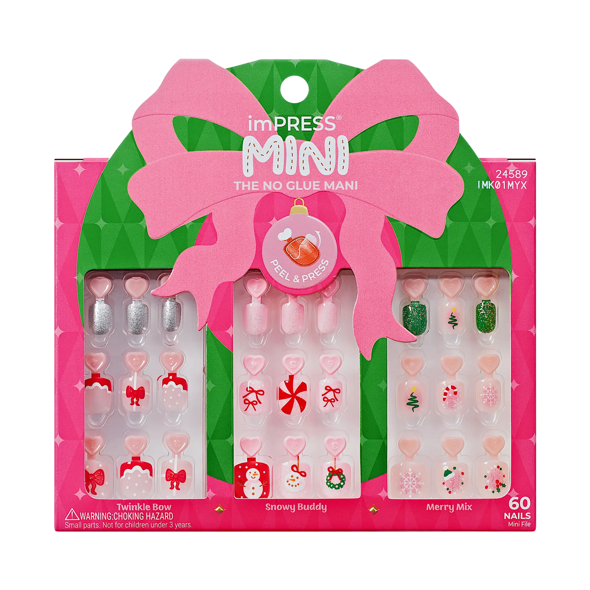 Impress Kids Holiday No Glue Fake Press On Nails - Jingle Joy Gift Set | Design, Pink & Red, Kids, Squoval, 3 Manicure Sets Included