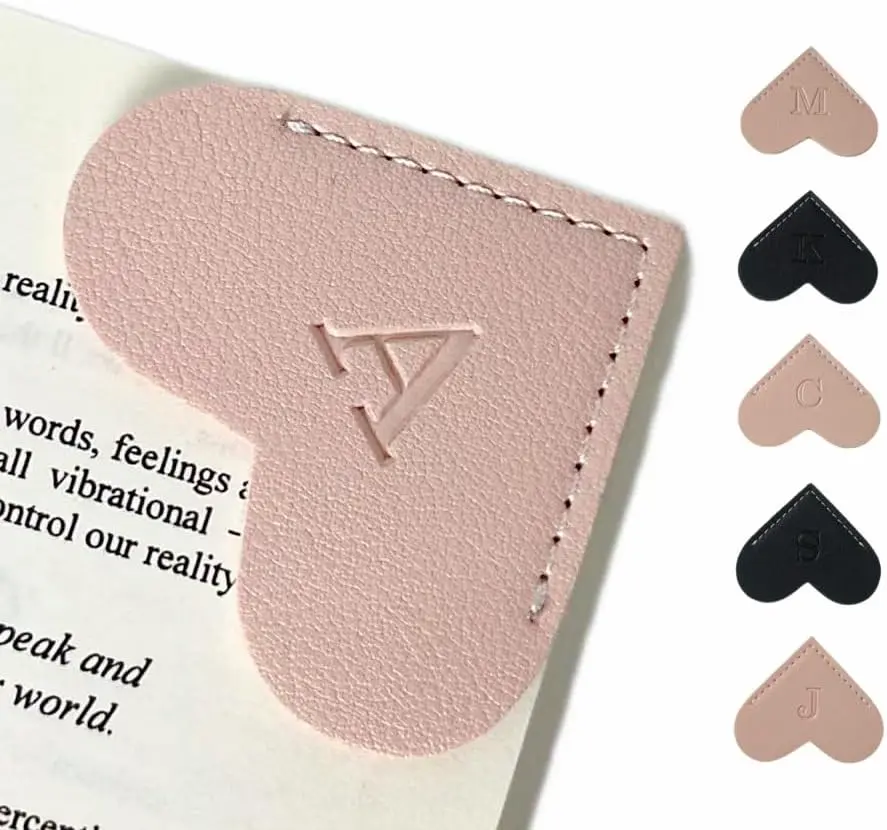 Personalized Leather Book Marks, Heart Bookmark, Unique Cute Handmade Letter Bookmarks Accessories for Reading Women, Teacher, Student, Book Lovers Book Mark Gifts (Pink, A)