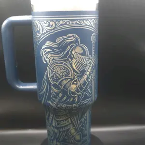Knightly Design Travel Mug - Blue with White Knight Illustration - Perfect for On-the-Go Beverages - Durable and Stylish