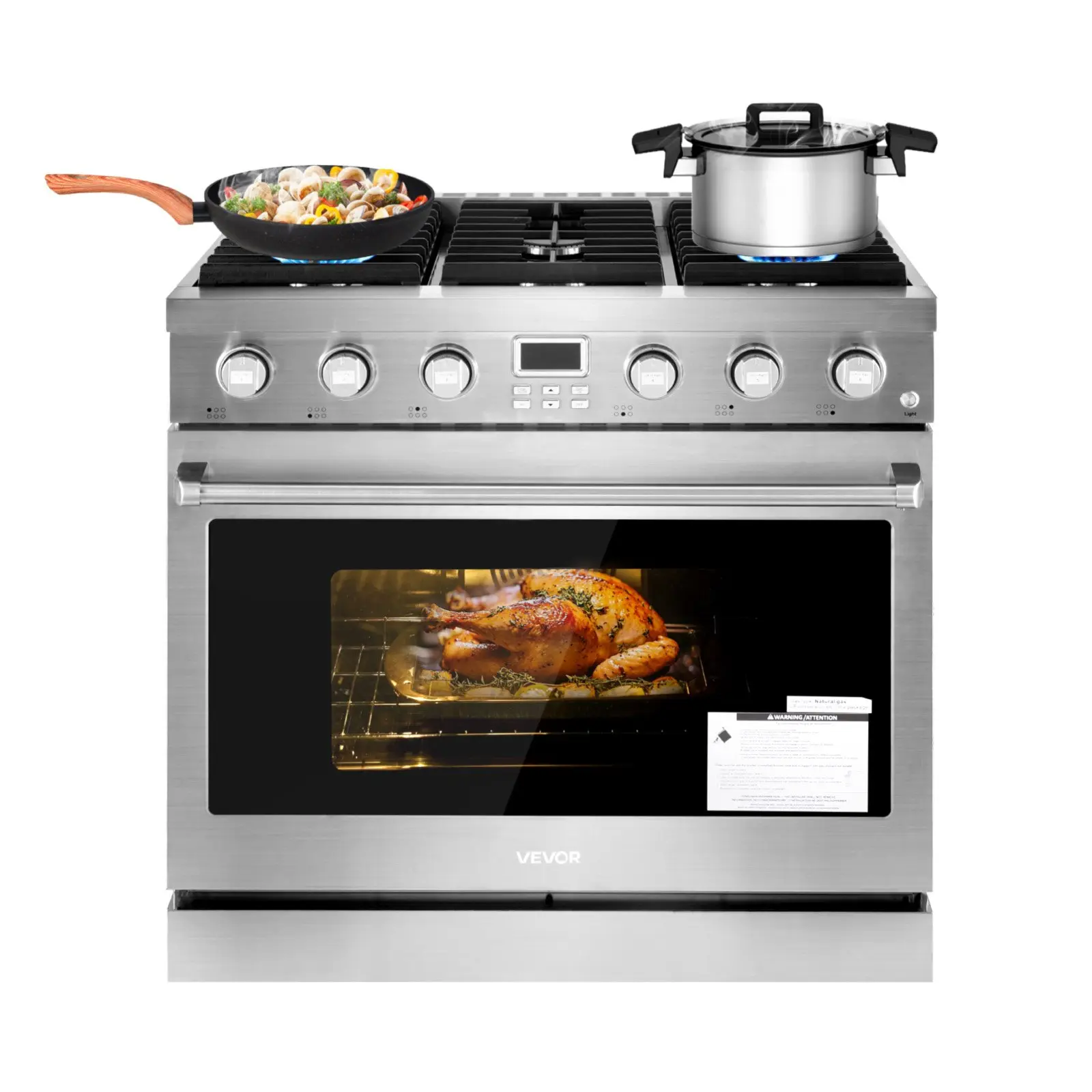 VEVOR Rectangular Gas Powered Cooking Oven, Freestanding Stainless Steel, 35.9 in Width, 6 Burners (Sealed Cooktop), 6.0 Cu. Ft. Capacity, Easy-Reach Racks, Halogen Light, for Apartment Home Kitchen