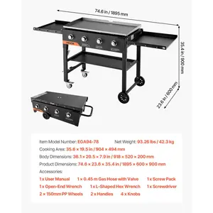 VEVOR Gas Griddle, 4-Burner Flat Top Grill, 36 inch Grill Plate Foldable Propane Griddle with Wheels, 60000 BTU Outdoor Flat Top Grills for Pan-Frying, Grilling, Stir-Frying, BBQ, Pulse Ignition