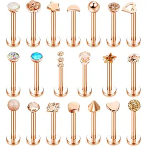 FINREZIO 20 Pcs Rose Golden Tiny Cute Labret Studs Set for Women Men Hypoallergenic Stainless Steel Cartilage Earrings Internally Threaded Lip Rings Nose Rings Shining Opal CZ Body Piercing Jewelry Set for Daily Wear Gifts