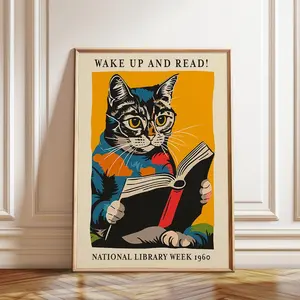 Cat Reading Poster - Wake Up and Read - National Library Week 1960 Wall Art – Poster, Framed and Canvas Print