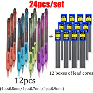 24pcs/set 0.5/0.7/0.9mm automatic pencil set, Art Mechanical Pencil, equipped with a non breakable pencil lead, smooth writing, suitable for office supplies such as writing, drawing, sketching, etc