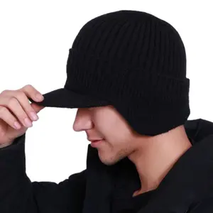 Fashion Ear Protection Men Knitted Cap Knit Wool Keep Warm Beanies Hat Casual Short Brim Ear Muff Hat Cycling