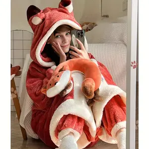 Contemporary Fox-Themed Reversible Wearable Blanket with Hood - Coral Fleece, Comfortable for All Seasons, Hand Wash Only, Red, 100% Polyester