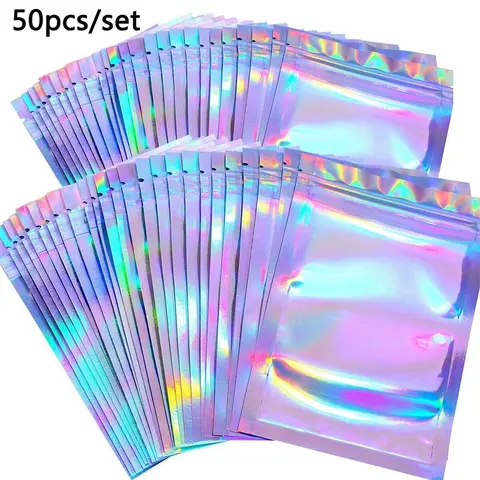 50pcs Laser Film Yin-Yang Bone Bag, Holographic Semi-Transparent Ziplock Bag, Packaging Bag for Mobile Phone Case, Jewelry and DIY Storage, Colored Plastic Bag, Plastic Pouches, Zipper Pouches, Storage Bags