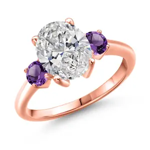 2.50 cttw IGI Certified Lab Grown Diamond and Purple Amethyst 3-Stone Engagement Ring For Women | 18K Rose Gold Plated Silver | Center 2.00 Ct Diamond | D-E Color | VS1-VS2 Clarity