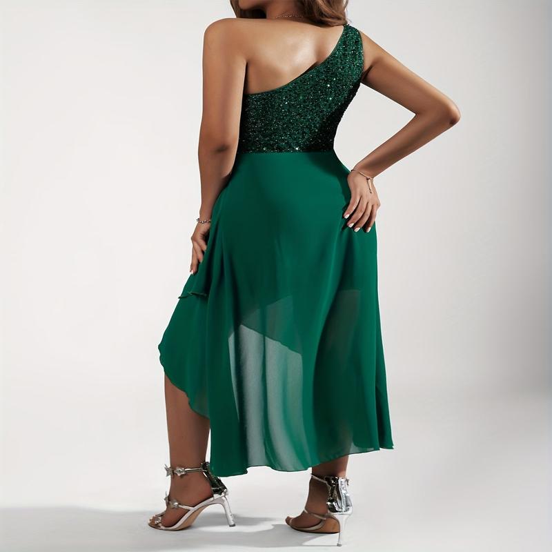 Emerald Green Sequin One-Shoulder Tulip Dress - Elegant Sleeveless Fitted Top & Flowy Skirt Mid-Length Formal Party for Women, Hand Washable All-Season Evening Gown, Seasonal Fashion, Fabric Polyester Womenswear Chic