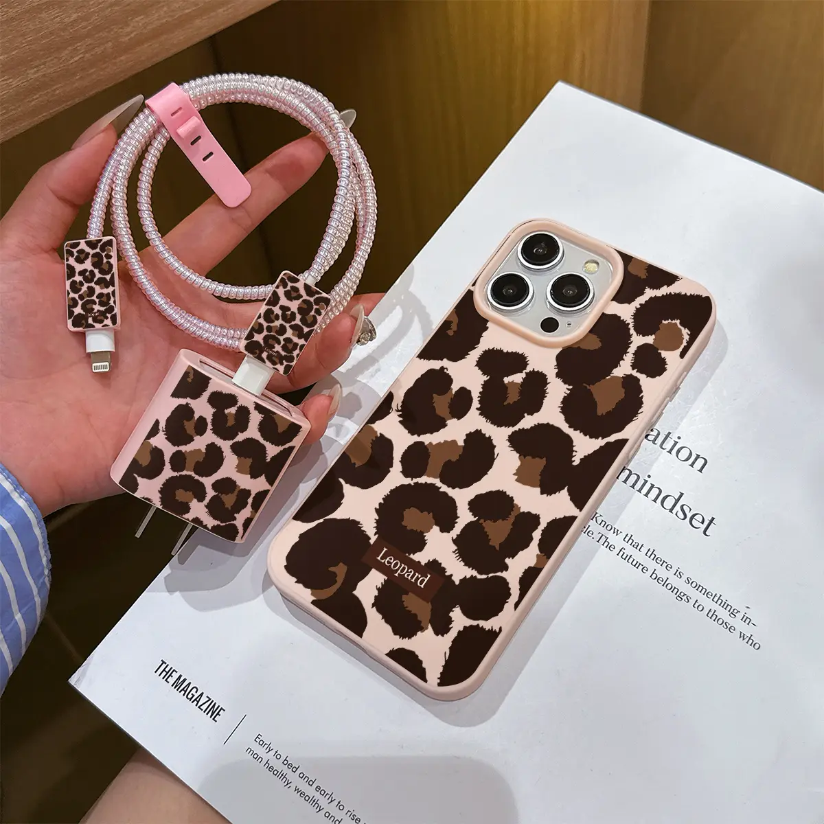 6 Piece Set Liquid Large Hole Powder Full Screen Leopard Print Phone Case, Charger Head Cover, Cable Protector, Storage Rope