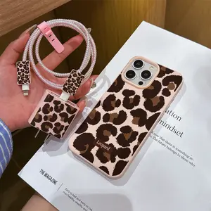 6 Piece Set Liquid Large Hole Powder Full Screen Leopard Print Phone Case, Charger Head Cover, Cable Protector, Storage Rope