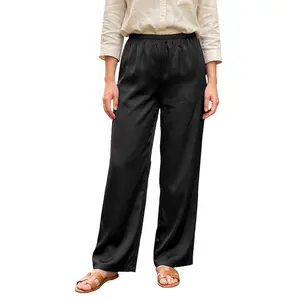 Women Y2K Satin Wide Leg Pants Casual Elastic High Waist Solid Loose Fit Lounge Pants Office Ladies Work Trousers
