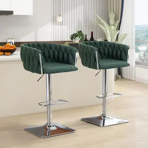 Set of 2 Modern Boucle Bar Stools, 360° Swivel Adjustable Height Counter Stools with Metal Base, Elegant British Green Dining Chairs for Kitchen Island