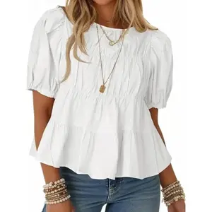 Womens Puff Sleeve Peplum Babydoll Tops Summer Smoked Pleated Cotton T-Shirts Casual Loose Fit Flowy Blouse L189