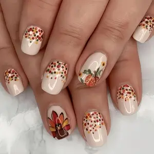 24Pcs Fall Thanksgiving Day Turkey Press on Nails with Glitter Pumpkin Polka Dots Design Acrylic Nails Press on Reusable Glue on Nails Autumn Full Cover Stick on Nails Artificial False Nails for Women