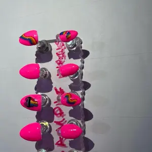 Groovy Press On Nails Set - Bright Pink with Rainbow Design - Perfect for Stylish Nail Art