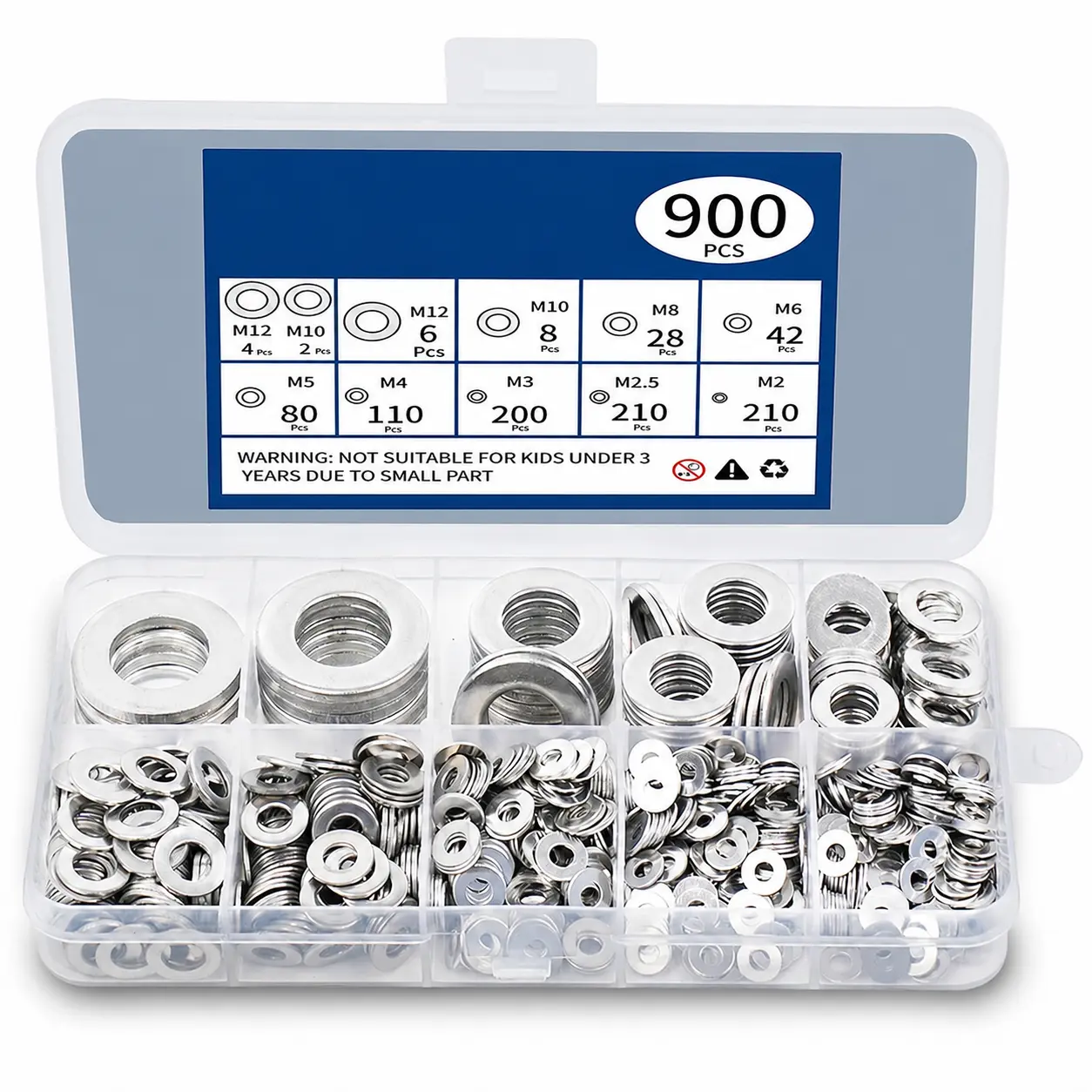 900 Pcs 304 Stainless Steel Flat Washers, 9 Sizes (M2-M2.5-M3-M4-M5-M6-M8-M10-M12), High Hardness Fasteners for Screws, Bolts, DIY Projects, Automotive & Industrial Use