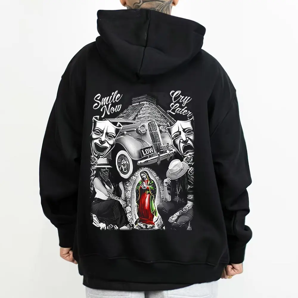 Graphic-Hoodie & T-Shirt Smile Now Cry Later Aztec Print Tee, Chicano Cholo Culture Shirt Cotton Menswear Streetwear Top, Unisex Urban Fashion Hoodie T-Shirt, Mexican American Lowrider Style Apparel