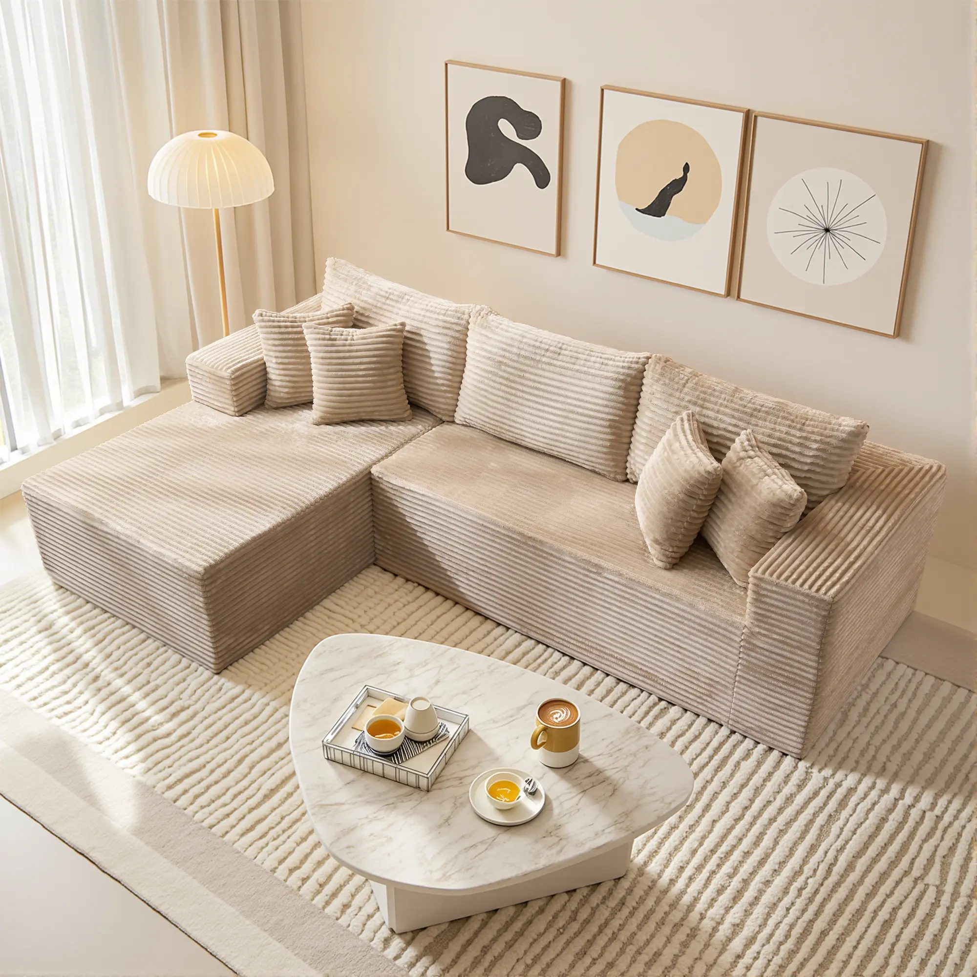 3 Seat Beige L Shape Sofa Left Chaise