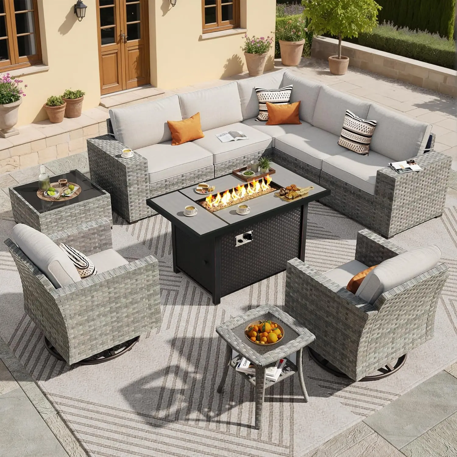 【Summerfinds】Ovios 10-Piece Outdoor Patio Furniture Set with 42" Fire Pit Table & Swivel Rocking Chairs, All-Weather Wicker Modular Sectional Conversation Set with Deep Seat Cushions, Beige