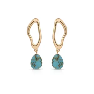Ettika Open Circle Turquoise Dangle Earrings 18k Gold Plated Hoop Reconstituted Turquoise Stones Fashion Accessories for Women 2 Inches Length Post Closure