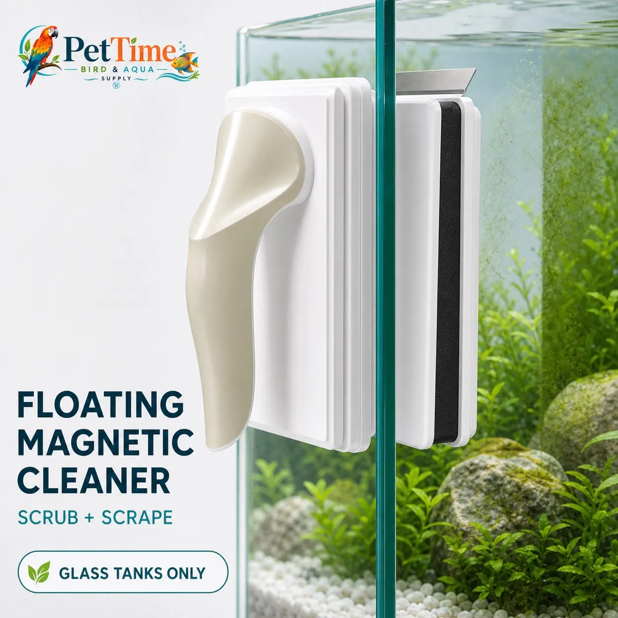 PetTime Floating Magnetic Aquarium Cleaner and Algae Scraper for Glass Fish Tanks, Strong Dual-Sided Magnet Brush with Stainless Steel Blade and Nonslip Ergonomic Handle, Size Options for 6-12mm Glass, Hands-Dry Cleaning for Fish Keepers