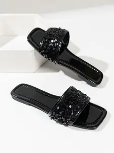 Women's Fashionable Sequin Decorated Slide Sandals, Casual Comfortable Flat Sandals for Summer, Lightweight Breathable Shoes for Daily Wear Footwear, PU Leather Sandals