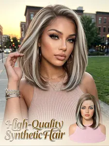 13x4 HD Lace Front Wig 12" Light Brown with Ash Grey Highlights Short Bob Synthetic Wig Heat Resistant Glueless