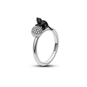 925 Sterling Silver Ring, Black Cat Ring with Cubic Zirconia, Perfect Gift for Women