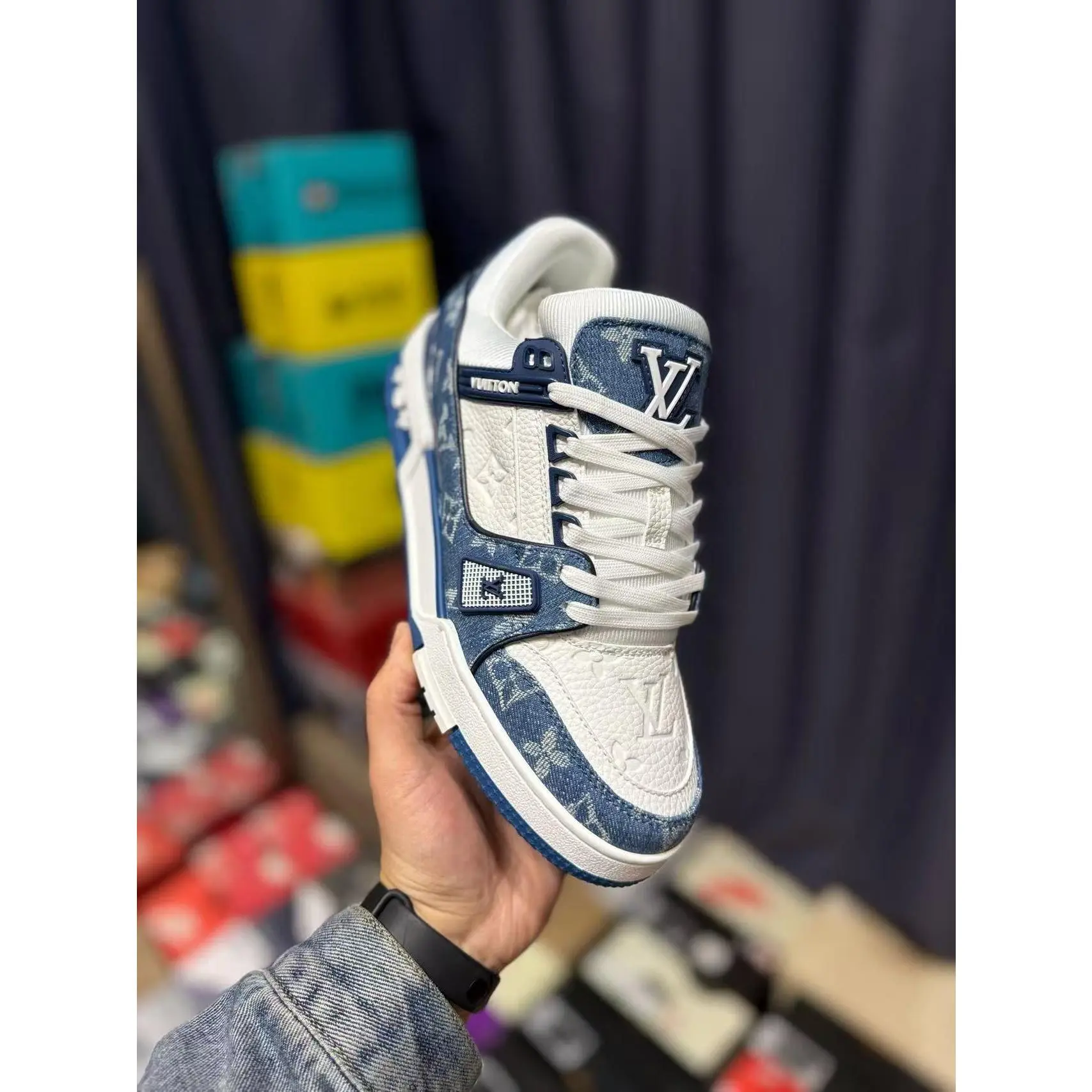 Louis Vuitton Men's Blue & White Monogram Sneakers with LV Logo and White Laces