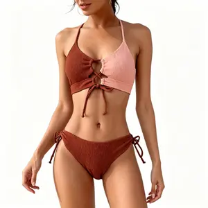 Tan Lines Two Piece Swimsuit for Women Knit Contrast Color Coffee Pink High Elasticity Summer Beach Stretchy & Cute
