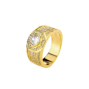 2025 New Fashion Men's Golden Plated Full Micro Pave Simulated Diamond Ring