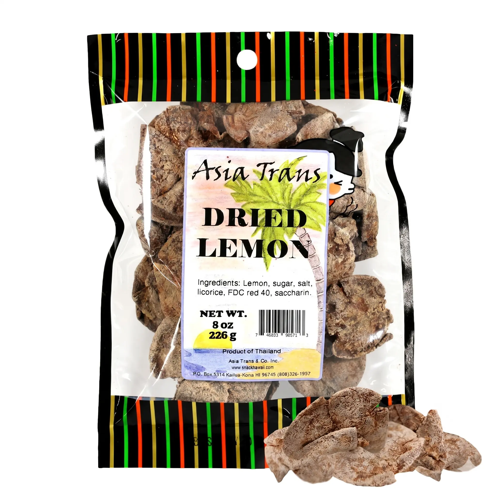 Asia Trans & Co. Li Hing Mui Licorice-Flavored 8oz (226g) Dried Whole Preserved Lemon Peel Snacks - High Fiber, Vitamin C, Antioxidant, Low Sugar, Zesty Asian Dehydrated Snacks for All Ages, Resealable Cupboard-Storable Bag, Resealable Bag, Fiber Foods, F
