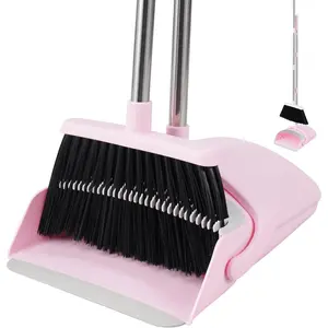 Collapsible Broom and Dustpan Set - Indoor Sweeping Combo for Home, Office, Kitchen, Lobby, Floor, Pet Hair (Pink)