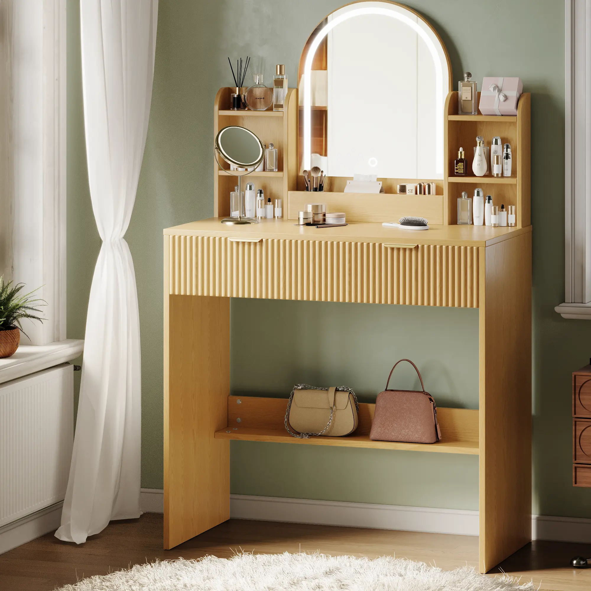 Oxirth Vanity Desk with Mirror and Lights,Small Makeup Vanity Desk with Charging Station,Bedroom Vanity Table with Drawers,Storage Shelves