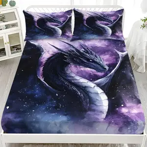 Fitted Sheet 3-Piece Set - 2D Flat Printed Purple-Black Starry Sky and Flying Dragon Pattern Mattress Covers, Available in 10 Sizes (1 fitted sheet + 2 pillowcases, no insert). skin-friendly and breathable bedding, suitable for family bedrooms .
