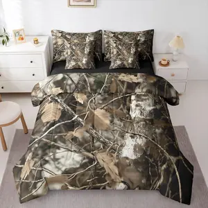 Tree Trunk 7 Piece Bedding Set,Camo Branches Comforter Set with Sheets Dead Leaves Branch Farmhouse Woodland Bed in a Bag Fallen Leaves Camouflage Theme for Teens Men Women