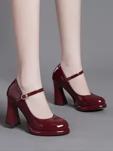 Elegant Classic Mary Jane Shoes, Women Waterproof Chunky Heel Design, Glossy Finish, Perfect for Commuting & Special Occasions, High-Heeled Single Shoe