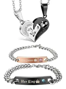Matching Split Heart Couple 4-Piece Jewelry Set | I Love You Engraved Necklaces + His Queen/Her King Bracelets | Valentine’s Day Couple Gift with Gift Box & Teddy Bear #CoupleJewelrySet #ValentinesDayGifts2026 #ValentineCoupleGift #TikTokCoupleGifts