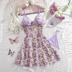 Women's Romantic Butterfly Lace Babydoll Nightgown Set, Floral Embroidery Sleepwear Bridal Honeymoon Lingerie