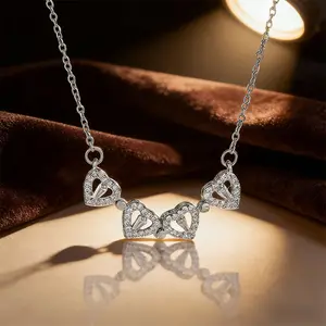 2-in-1 Foldable Four-Leaf Clover Heart CZ Necklace - Stainless Steel 24cm Chain Magnetic Heart Pendant Necklace for Women
