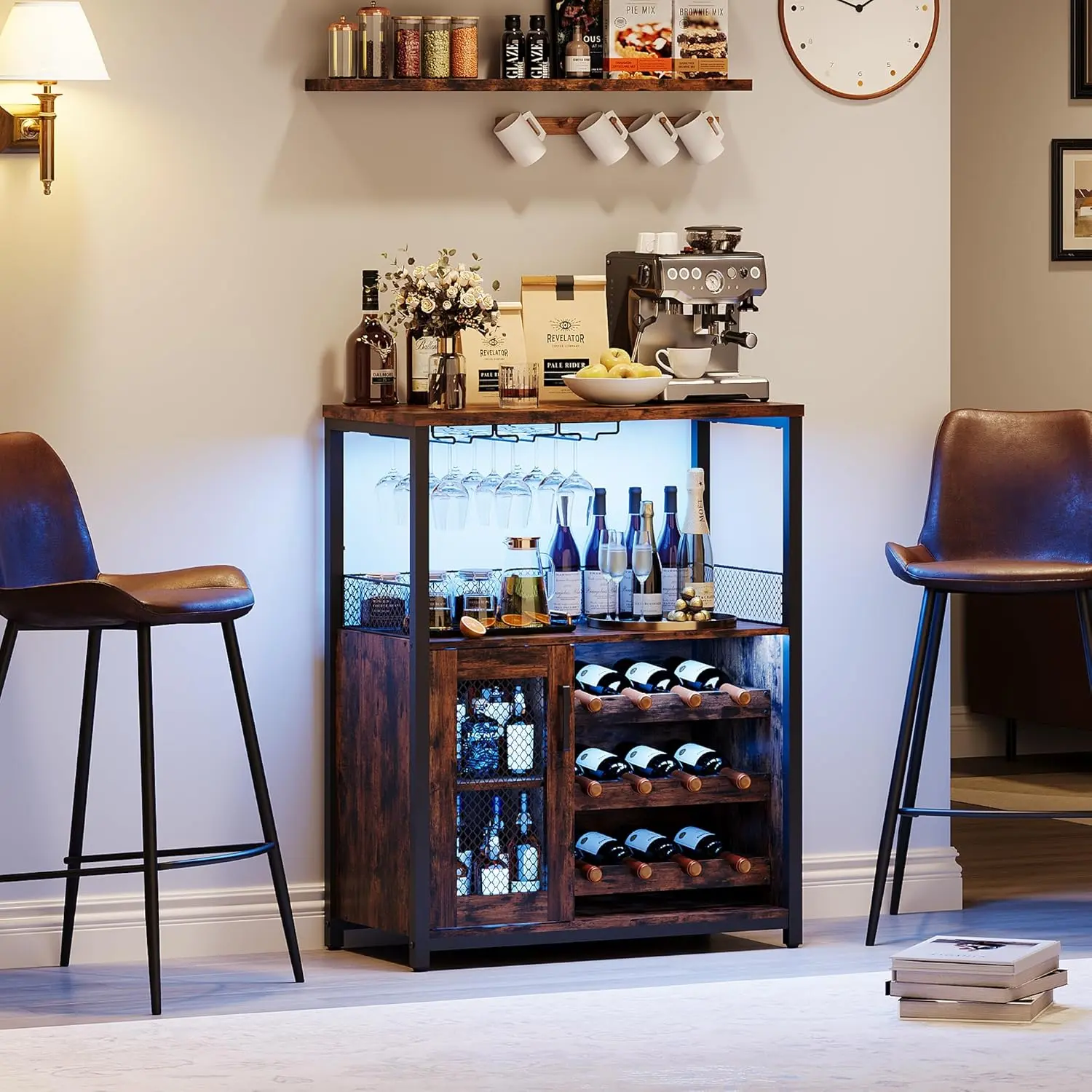 36-in Tall Rustic Wine Bar Cabinet - LED Lighting, Adjustable Shelves, Baffle Pattern Mesh Door, for Kitchen, Coffee Bar Use