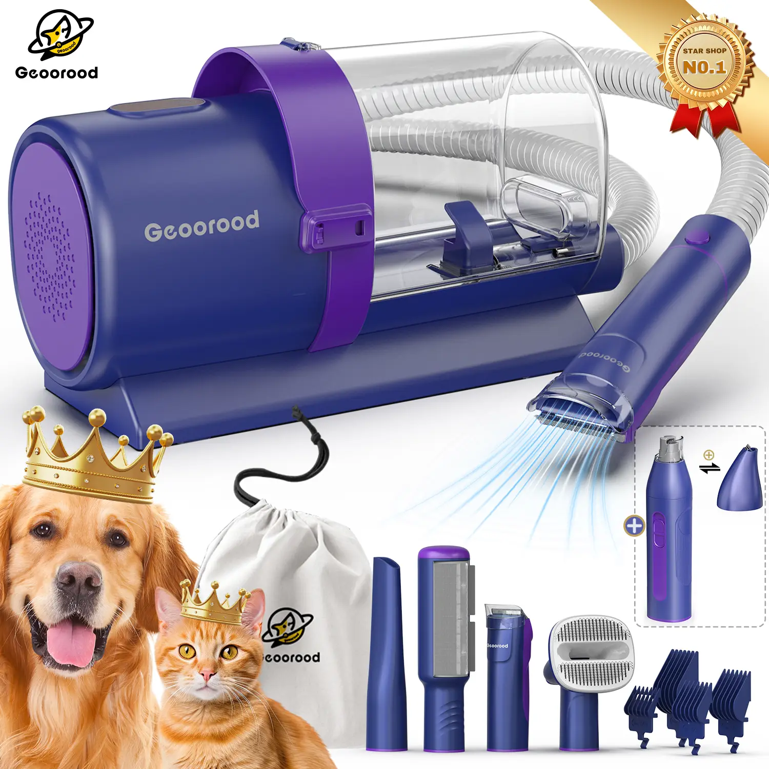 【Geoorood】Dog Grooming Vacuum Kit, Pet Grooming Vacuum with Clipper Nail Grinder, 2.5L Dust Cup Dog deshedding Vacuum Brush with 4-6 Pet Grooming Tool