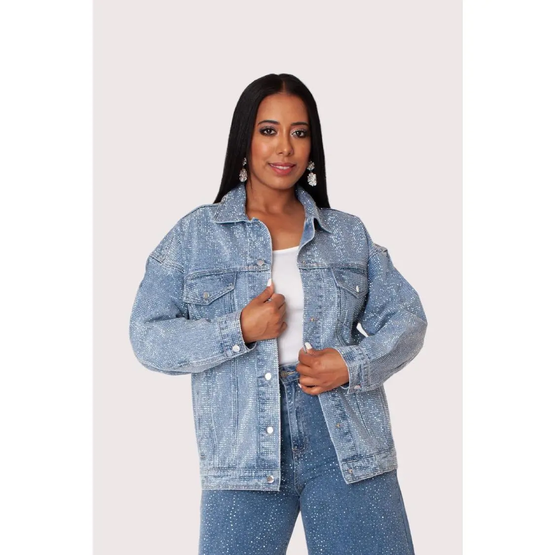 Oversized Rhinestone Denim Jacket -82820 - TikTok Shop