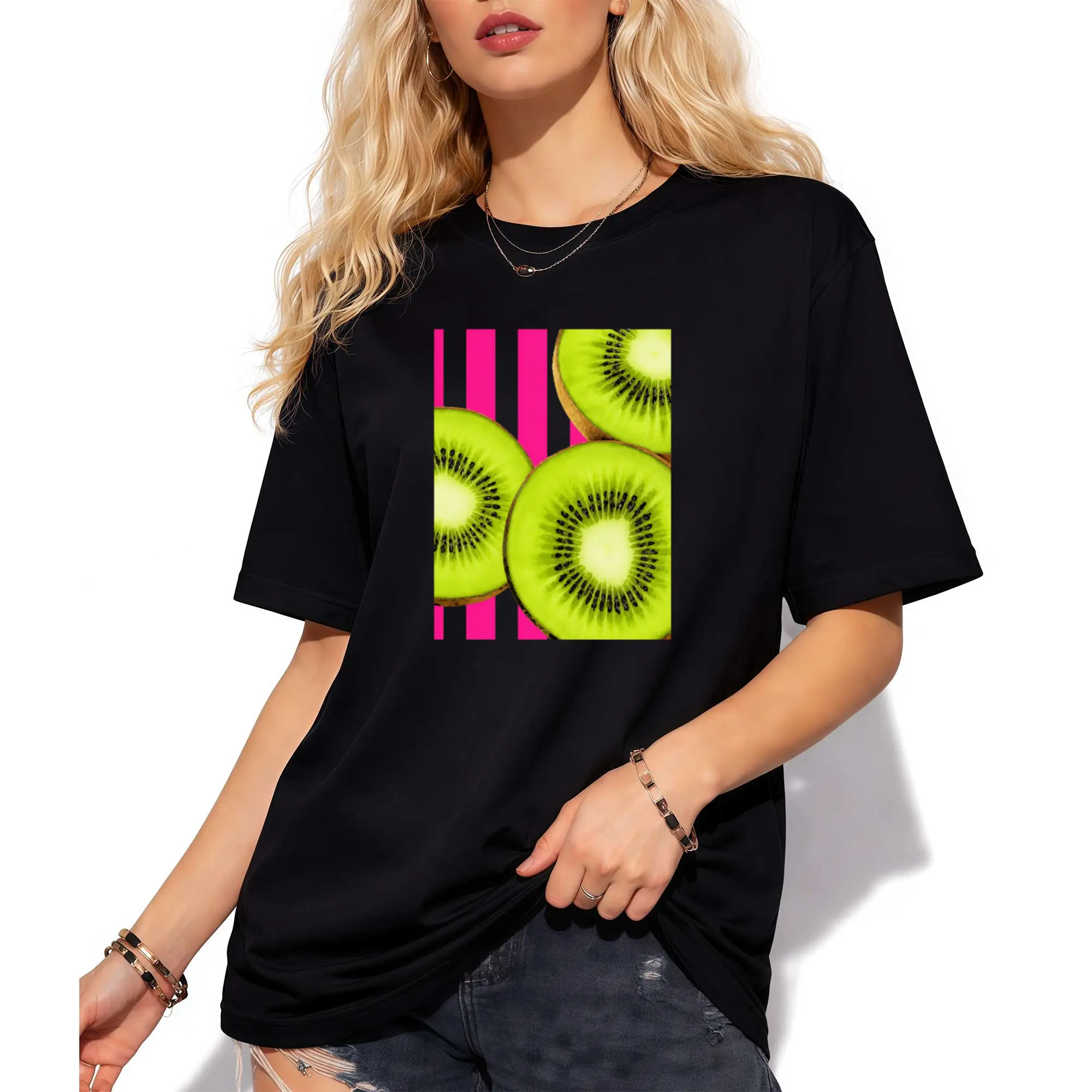 Kiwi Slices, Tropical Fruit Elegant Short-Sleeve T-Shirt for Women, Featuring a Printed Round Neck Design, Suitable for Spring And Summer Wear. This Fashionable, Versatile Casual Top Is Perfect for Commuting, Vacations, And Everyday Outfits